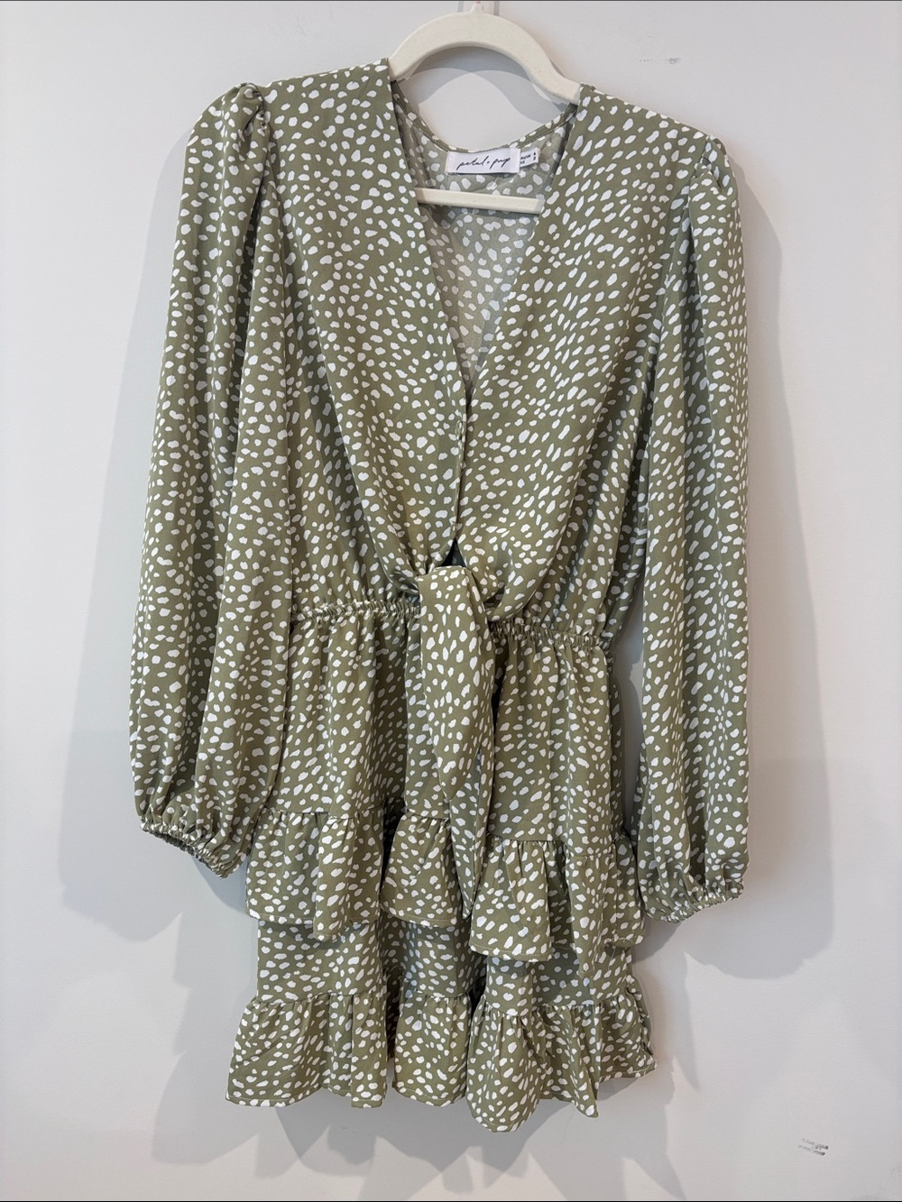 Petal & Pup Olive and White Dot Tie-Front Ruffle Long Sleeve Dress